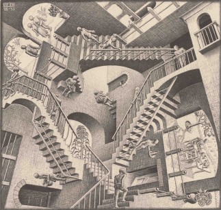 M.C. Escher, Relativity, July 1953, Lithograph, 29.1x29.4 cm, Collection Gemeentemuseum Den Haag, The Hague, The Netherlands © 2015 The M.C. Escher Company-The Netherlands. All rights reserved. www.mcescher.com