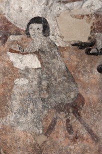 Detail from the mural showing a boy on a tripod stool