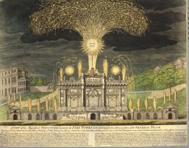 Anon., A View of the Magnificent Structure Erected for the Fire Works to be Exhibited for the Solemnization of the General Peace. Hand-coloured etching and engraving, 1749, British Museum