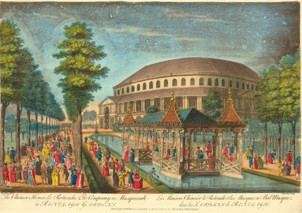 Thomas Bowles, Chinese House, the Rotunda & Company in Masquerade in Ranelagh Gardens,hand-coloured engraving, 1754, British Museum