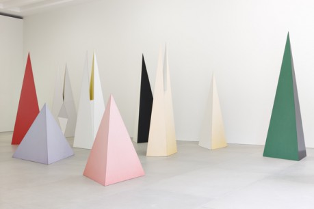 Lynn Chadwick, formica on wood, all 1966. L-R: Pyramid Red/White, 2. Split A Gold/Grey, 3. Pyramid Violet/White 4.Split C Yellow/White 5. Pyramid Black/White 6. Pyramid Red/White 7. Split B White/Yellow 8. Pyramid Gold/Yellow/White 9. Pyramid Black/Green