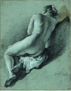 Govert Flinck (Cleves, 1615 – Amsterdam, 1660) ‘Seated female nude seen from behind’ Black chalk with highlights in white chalk on blue paper.