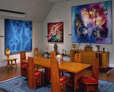 Kirkland Museum interior including: Dining Suite and Yellow Peacock Chair by Frank Lloyd Wright; glass table lamp by Daum; chair by Marcel Breuer; low table and cabinet by Edward Wormley for Dunbar Co.; paintings by Vance Kirkland, 1965, 1980, 1962