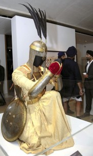 18th Century Punjab warrior armour including a set of chiselled body armour (char-aina, 'four mirrors') From 'The Golden Temple of Amritsar' exhibition, 2011.Image courtesy Brunei Gallery