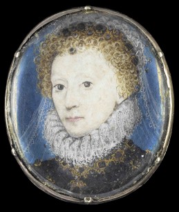 Nicholas Hilliard, Elizabeth I, c.1575. Vellum stuck to plain card, oval, 1.8x1.5cm. Private collection; courtesy of Bonhams