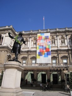 Burlington House courtyard:Statue of Sir Joshua Reynolds garlanded for the  opening of the 243rd Summer Exhibition