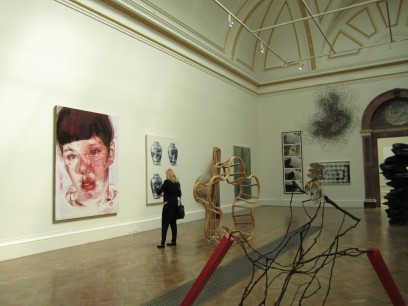 Gallery installation curated by Michael  Craig-Martin. Amongst the works pictured, at left, Red Stare Head IV, by Jenny Saville; and Four Vases, 2009, by Lisa Milroy