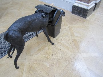 Dog in a Bin, a sculpture in rubber,  bin and motor, by Simon Brundret, Gallery VIII