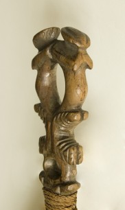 Janus figure handle of a fan. Wood. Carved portion 13 cm. LMS58 From British Museum LMS collection, collected in the Cook Islands by Raiatean teacher named Papeiha and brought to Ra’iatea by LMS missionaries Robert Bourne and John Williams on the Endeavou