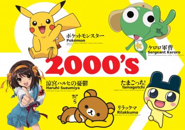 2000s (Clockwise from top left) Pokémon, Creatures, GAME FREAK, TV Tokyo, ShoPro, JR Kikaku; Sergeant Keroro; Tamagotchi; Rilakkuma; Haruhi Suzumiya. From ‘Japan: Kingdom of Characters’.