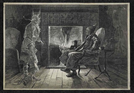 Ebenezer Scrooge visited by the ghost of Jacob Marley. This is now a 'pepper's ghost' installation in the British Library exhibition