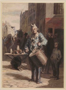 Honoré Daumier, Clown Playing a Drum (c.1865–7), Pen and black and grey ink, grey wash, watercolour, touches of gouache, 35.4x25.6cm. The British Museum, London Photo © The Trustees of the British Museum