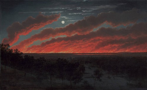 Eugene Von Guérard,  Bush Fire (1859),  Oil on canvas,  34.8 x 56.3cm.  Art Gallery of Ballarat, Gift of Lady Currie in memory of her husband, the late Sir Alan Currie, 1948