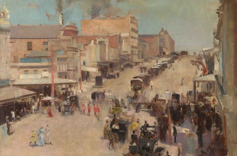 Tom Roberts,  Allegro con brio: Bourke Street west (c.1885-86, reworked 1890),  Oil on canvas on composition board,  51.2x76.7cm.  National Gallery of Australia, Canberra and the National Library of Australia, Canberra. Purchased 1918