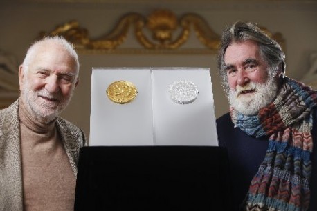 Sir Anthony Caro RA and the gold kilogram coin with Tom Phillips RA and the silver kilogram coin