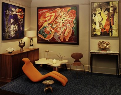 A Kirkland Museum interior. Furniture by Olivier Mourgue, Donna Marecak, Paul Frankl, Arne Jacobsen & Gio Ponti; rug by Nanna Ditzel; metal sculptures by George Rickey, Bob Mangold, Harry Bertoia & Edgar Britton; paintings by Vance Kirkland