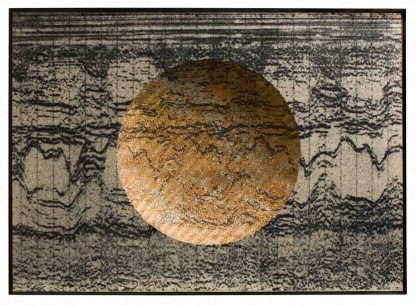 Chris Drury, Rockies/Karakoram (2000). Woven maps overprinted with echocardiogram, woven into a bowl & set within a larger digitally printed echocardiogram © Chris Drury/Wellcome Images