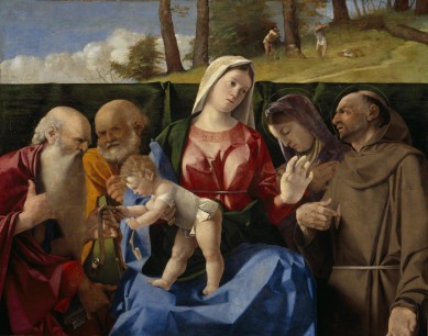 Lorenzo Lotto, The Virgin and Child with Saints Jerome, Peter, Francis and an Unidentified Female Saint About 1505 Oil on canvas, transferred from panel