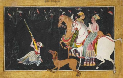 Attributed to the First Bahu Master,  Rupmati and Baz Bahadur Hunting,  Pahari region, Bahu, c. 1700