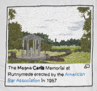Magna Carta Memorial, stitched by Jill Hazell, Embroiderers’ Guild (South West Region) Part of Cornelia Parker’s Magna Carta (An Embroidery) at the British Library