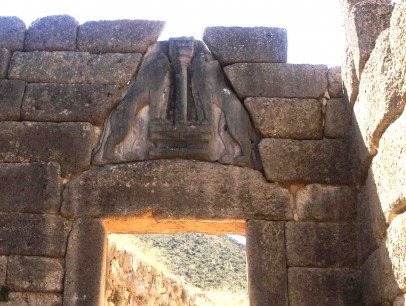 Mycenae: The incised lion motifs are still visible above the Lion Gate. Photo: Stephen Kingsley