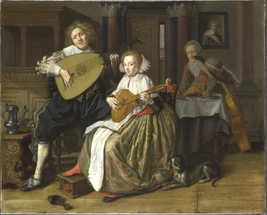 Jan Molenaer (c1610-68), A Young Man playing a Theorbo & a Young Woman playing a Cittern, probably 1630-2  © The National Gallery, London. The woman's red stocking and discarded shoe indicate her sexual availability.