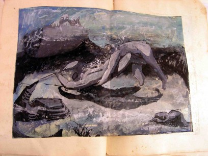 Norman Town, Figures Fighting on a Beach, gouache on paper, 1940s © The Canon Gallery