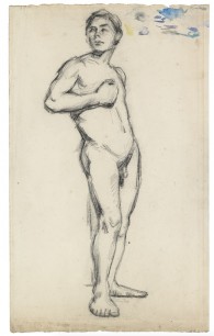 Paul Cézanne, Study of a Male Nude with Right Hand clenched across the Chest, Black chalk and black crayon with some trial touches in watercolour top right, c. 1867-70, Courtesy Ashmolean Museum, Oxford