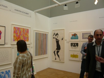 Work by Bridget Riley, Colin Self and Alison WIlding at the Richard Saltoun/Karsten Schubert stand