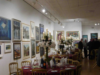 The NEAC open exhibition at the Mall Galleries, with tables set for the Critics' Lunch