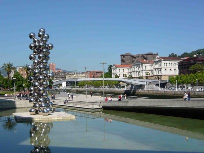 View across the Nervión from the Guggenheim. Anish Kapoor sculpture (right). university buildings (left) across the river