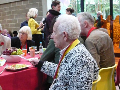 Wilfred sitting among some of his many guests. Everyone wore a medallion with either a red (friend) or yellow (family) ribbon - Wilfred Cass wore both