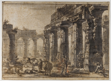 Paestum: Interior of the Basilica from the South-West with the Temple of Neptune behind, by Piranesi (Photo: Arden Bar Hama) Courtesy of the Trustees of Sir John Soane's Museum