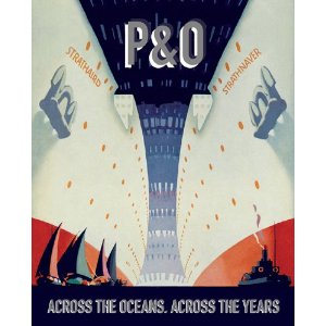 Cover of P&O Across the Oceans, Across the Years. Front-cover illustration, based on The White Sisters by Bossfield Studios, celebrating the launch of Strathaird and Strathnaver, 1931