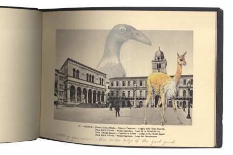 ‘Nothing goes unseen; this is the lodge of the great guard’. In Padova, looking for you, Gracia Haby and Louise Jennison, 2011. Altered unique book, pencil and collage.