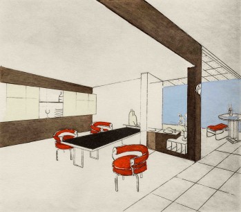 Charlotte Perriand, Salle à manger 28 Perspective drawing of the project designed for the apartment-studio, place Saint-Sulpice, 1927 AChP