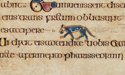 folio 76v. A wolf is shown at a point where the text mentions the Pharisees