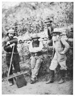 Cézanne (centre) and Pissarro (far right) in Auvers, c. 1874.  Photographer unknown