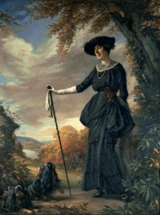 Nestor Cambier, Portrait of Lady Barber in a Black Dress, with dogs, on the Terrace at Culham Court, undated, oil on canvas, 216x157 cm