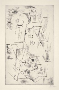 Pablo Picasso, Still Life with Bottle of Marc, 1911–12, drypoint. The Melamed Family Collection.