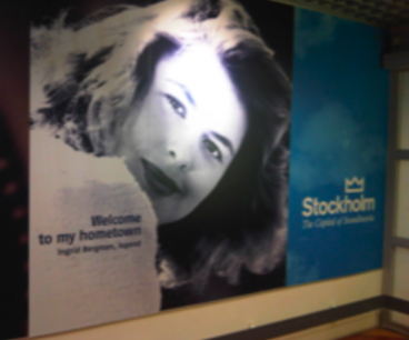 Ingrid Bergman's poster welcomes visitors to her 'hometown', Stockholm.  Arlanda Airport, Stockholm, 17 November 2011. Photo: Paul McDonald