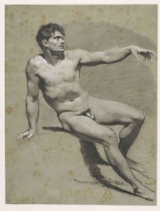 Pierre-Paul Prud’hon, Seated Nude, arm extended, black and white chalk on blue-tinted paper, ©cliché Bernardot- Musée Baron Martin-France