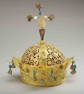 Crown of Emperor Bahadur Shah II (mid-19th century) on loan from the Royal Collection Trust © HM Queen Elizabeth II, 2012 Impressive gold crown, inset with precious stones and pearls lined with velvet. Queen Victoria purchased, 1861