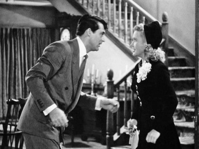 Mortimer Brewster (Cary Grant) and Elaine Harper (Priscilla Lane) in Arsenic and Old Lace (1944).