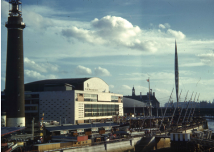 The Royal Festival Hall with Shot Tower to the left and Skylon, right