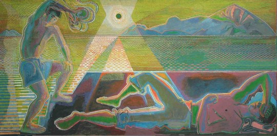 John Craxton, Two Figures and Setting Sun, 1952-67, Tempera on board, 12 2x 244cm, Artist's Estate