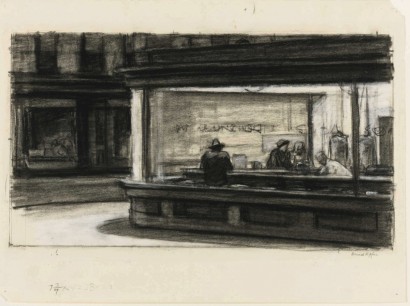 Edward Hopper (1882–1967), Study for Nighthawks, 1941 or '42 Fabricated chalk & charcoal on paper; 28.3x38.1cm Whitney Museum of American Art, New York; purchase & gift of Josephine N. Hopper by exchange, 2011.65