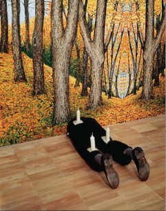 Robert Gober, Untitled, 1991.  Mixed media 33.6x41.9x117.2cm   Museum of Modern Art, NY. Gift of W. & E.Dannheisser  Background: Forest, 1991 . Hand-painted silkscreen. Photo: K. Ignatiadis, courtesy the artist & Matthew Marks Gallery  ©Robert Gober