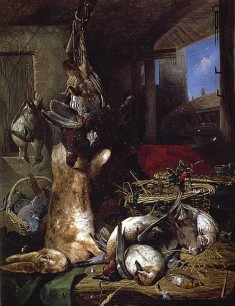 Emily Coppin Stannard, Still Life – Dead Ducks and a Hare with Basket and a Sprig of Holly (1853)