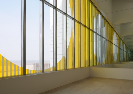 Daniel Buren, installation view at Turner Contemporary. Borrowing and Multiplying the Landscape, work in situ, 2011, mirrors, self-adhesive white vinyl and coloured filters.